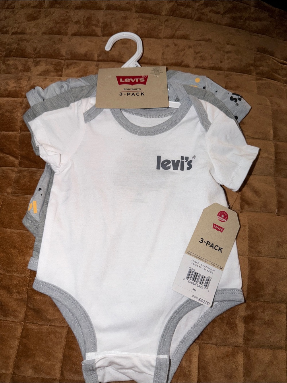 Levi's White Baby Bodysuit with Gray Trim - 3-Pack